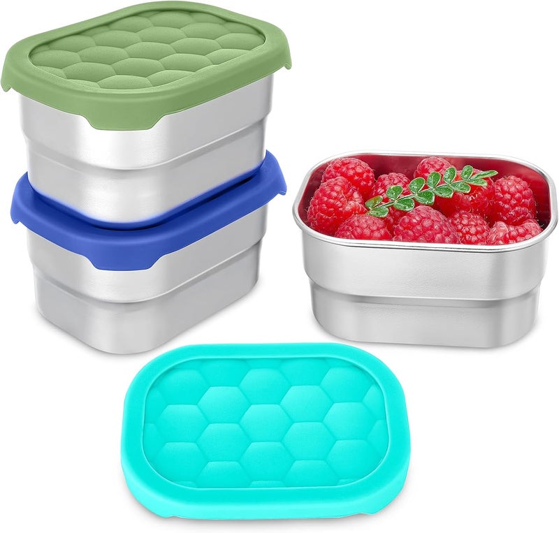 Gencywe 3 Pack Stainless Steel Snack Containers for Kids, 8 oz Easy Open Leak Proof Small Toddler Snack Containers with Silicone Lids, Stackable Metal Lunch Box for Daycare and School (Blue) - Image 1